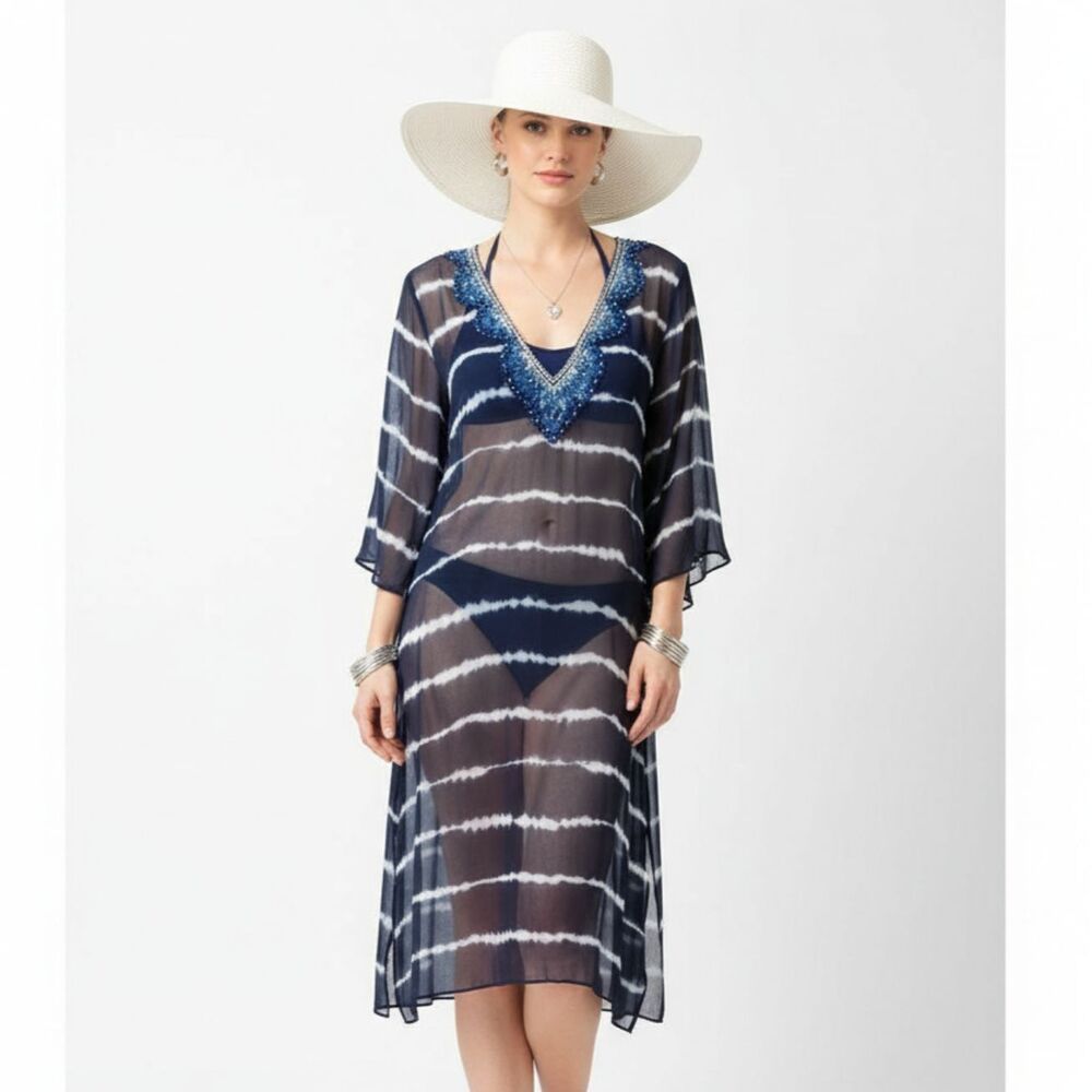 Sussan Blue & White 100% silk Striped Sheer Tunic Top Swim Cover Up Dress 12